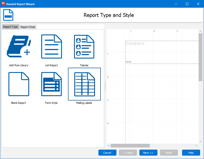 The Banded Report Wizard dialog box where the report type is selected.  The Mailing Labels type is highlighted.